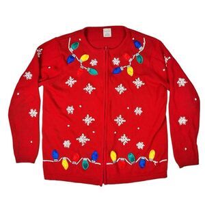 Vintage Avon Red Ugly Christmas Full Zip Knit Cardigan Snowflake Xmas Lights M